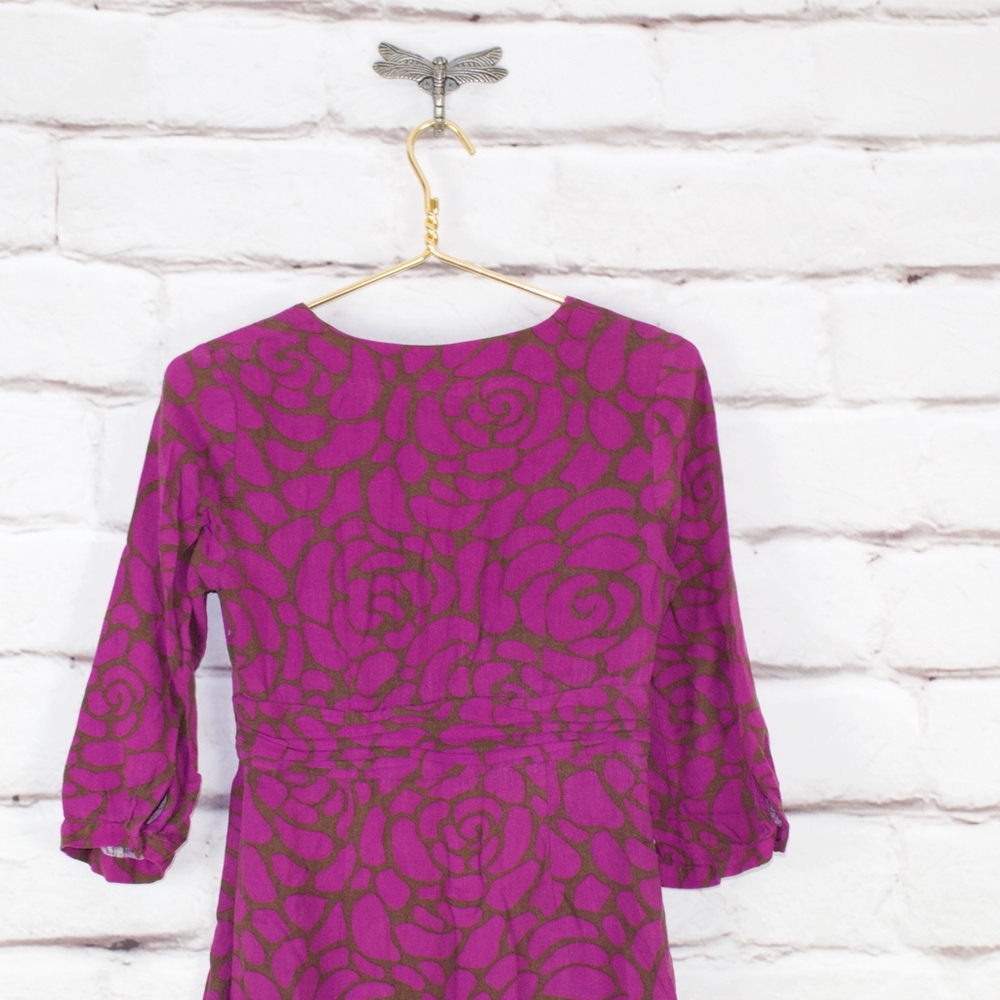 Boden Purple Printed Deep V Neck Wrap 3/4 Sleeves Side Zip Dress Size 6 - Picture 6 of 8